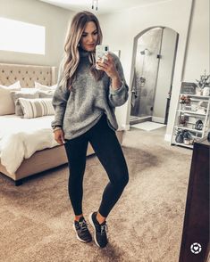 Leggings And Gym Shoes Outfit, Winter Sneaker Outfit, Black Leggings Sneakers Outfit, Black Leggings Sweater Outfit, Sweater And Leggings Outfit Winter, Casual Workout Outfits Winter, Leggings With Tennis Shoes Outfits, Black Leggings And Tennis Shoes Outfit, Sweater And Tennis Shoes Outfit