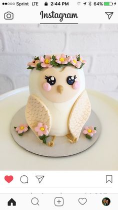 a cake decorated with an owl and flowers