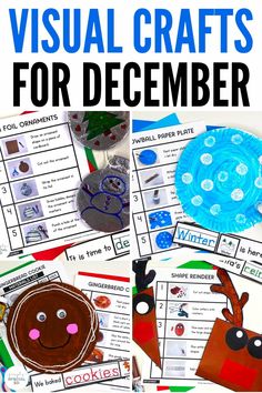 christmas crafts and activities for kids to do in the classroom with text overlay that reads visual crafts for december