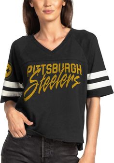 Junk Food Clothing Pittsburgh Steelers Womens Football T-Shirt - Black Casual Black Top With Striped Hem, Black Cotton Tops With Striped Hem, Black Crew Neck Top With Signature Stripes, Black Short Sleeve Top With Striped Hem, Black T-shirt With Contrast Stripes, Black Short Sleeve Tops With Signature Stripes, Halloween Costumes Guys, Football Halloween Costume, Original Halloween Costumes