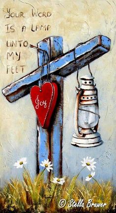 a painting of a cross with a red heart hanging from it's side and a light bulb attached to it