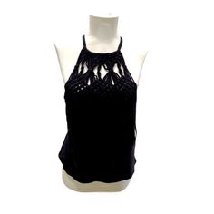 Brand New Black Lace Camisole For Summer, Sleeveless Crochet Trim Top For Party, Sleeveless Crochet Top For Party, Sleeveless Crochet Top With Crochet Trim For Party, Black Crochet Top For Summer Party, Black Lace Top With Crochet Details, Chic Black Crochet Top For Summer, Black Cami Halter Top For The Beach, Black Lace Tank Top For Summer