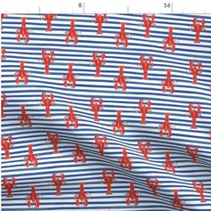 a blue and white striped fabric with red lobsters on the front, in rows of stripes