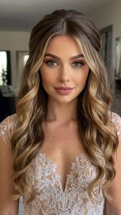 Stylish Curled Ends for Wedding Hairstyles Half Do Wedding Hair, Waves At The End Of Hair, Wedding Day Hair Down Curls, Long Hair Wedding Styles All Down With Headband, Big Curl Hairstyles Wedding, Half Hair Down Wedding, Down Wedding Hairstyles With Headpiece, Sister Of Bride Hairstyles, Summer Bride Hair