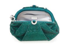 Make them green with envy with our Gemma crystal clutch. Our gathered evening bag is decked out in beautiful emerald colored crystals for a stunning look made for special moments. A removable chain strap in a mix of deco-inspired crystals enhances this go-to style. split  Crystal adorned classic handbag  Magnetic frame closure  Italian satin lining  Silver toned metal hardware   Double large oval link chain with top pave links  Judith Leiber Couture Nameplate Imported Dimensions: 9.5"L x 4.75"H x 4.5"D Chain length: 12" / Handle drop 6"  Style Number H242000 Judith Leiber Couture, Magnetic Frame, Satin Clutch, Magnetic Frames, Crystal Clutch, Green With Envy, Classic Handbags, Judith Leiber, Color Crystal