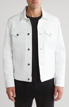 Make a clean, striking statement with this bright-white leather jacket in a casual-cool trucker profile. 26" length (size Medium) Front button closure Spread collar Button cuffs Chest button-flap patch pockets; front welt pockets Lined Leather Professional leather clean Made in the USA Designer White Outerwear With Buttons, Classic Leather Jacket With Button Closure For Spring, Classic Spring Leather Jacket With Button Closure, Classic Denim Jacket With Button Closure, Modern Leather Jacket With Button Closure, Spring Leather Outerwear With Button Cuffs, Classic Spring Leather Jacket With Button Cuffs, Classic Leather Jacket With Buttons For Spring, Luxury White Outerwear With Lapel Collar