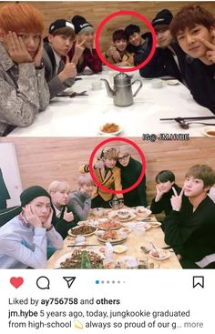 the two pictures show people sitting at a table with food and one is holding his hand up to his face