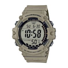 This Casio AE1500WH-5AV wristwatch is a versatile and stylish timepiece suitable for men. It features a beige resin band and a round digital display, with indices of 24-hour and 12-hour dials, chronograph function, and alarm. The watch is water-resistant up to 100m and comes with original packaging, manual/booklet, and a 1-year manufacturer warranty. The fixed bezel type and solid caseback add to its durability. This watch is perfect for sports and everyday use. Casio Digital, Digital Wrist Watch, Mens Digital Watches, Casio Vintage, Timeless Watches, Wide Face, Casual Watches, G Shock, Diode