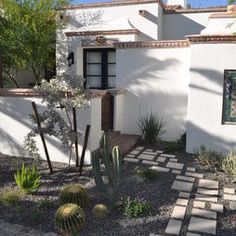 a white house with cactus in front of it