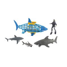 two toy sharks and a man in scuba gear