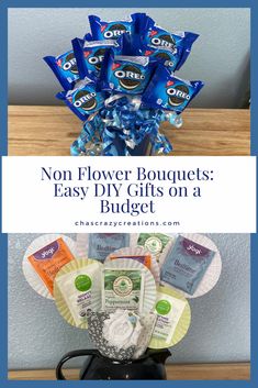 a coffee pot filled with candy and candies on top of a counter next to the words, non flower bouquets easy diy gifts on a budget