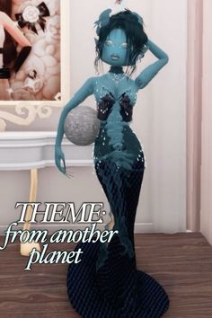 an image of a woman with blue hair in a mermaid costume standing on a wooden floor