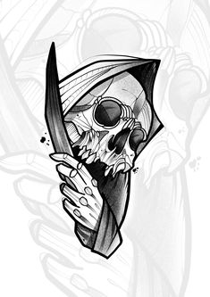 a black and white drawing of a skull holding an umbrella with its hands on it