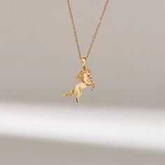 Introducing the unique galloping horse stallion pendant necklace in 14k solid gold--a mesmerizing piece for the passionate horse lover. This one-of-a-kind statement pendant charm features a statement form design and is available in yellow, white, or rose gold. Handcrafted with meticulous attention to detail, this gold pendant necklace is perfect for those who seek a standout piece that combines elegance with a touch of artistry. You can purchase either the charm pendant only or with a matching 1 Everyday Pendant, Gold Animals, Gold Horse, Equestrian Jewelry, Horses Pendant, Rose Gold Pendant, Gifts For Horse Lovers, Statement Pendant, Pet Necklace