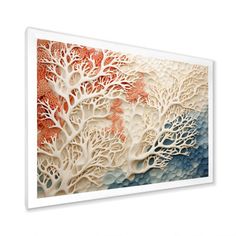 an abstract painting with white and orange trees on the side, in front of a white wall