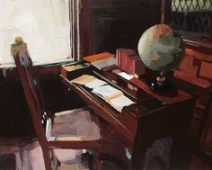 a painting of a desk and chair in front of a window