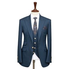 Package Includes: 1 x Jacket - 1 x Waistcoat - 1 x Pant
You can purchase the bespoke blue suit now or customize it to your exact preferences and measurements below. Our digital tailoring team will work closely with you to guarantee the perfect fit and design.


 	Fabric: 140s
 	Lining Fabric: Silk
 	Pattern: Solid
 	Construction: Half Canvas
 	Seasonality: All Season
 	Jacket: Peak Lapel,  2 Flap Pockets, 1 Ticket Pocket Single Button Closure
 	Waistcoat: V- Shape With 4 Texture Brass Buttons Luxury Fitted Sport Coat In Suiting Fabric, Custom Fit Blazer With Notch Lapel For Tailoring, Custom Fit Notch Lapel Blazer For Tailoring, Bespoke Blazer With Custom Fit And Suit Collar, Bespoke Blue Blazer For Business, Blue Fitted Sport Coat, Bespoke Fitted Sport Coat With Notch Lapel, Bespoke Blazer With Suit Collar, Bespoke Blue Blazer For Work