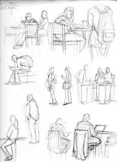 several sketches of people sitting at tables and talking to each other in front of them