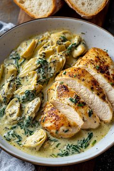 a white bowl filled with chicken and pasta next to slices of bread on a wooden table