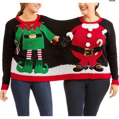 Holiday Time Women's Embellished Double Two Person Not Ugly Holiday Christmas Sweater Elf And Santa Claus About This Item Two Person Sweater Featuring Santa Claus & An Elf Design. Wear It With A Friend! Sweater Is Embellished With Sequins, Pom Poms, Gold Colored Jingle Bells And More! Great As A Couple's Costume! Great For Ugly Christmas Sweater Parties, Office Parties, Holiday Gatherings, And More! Ugly Christmas Sweaters Best Friends, Funny Ugly Christmas Sweaters, Friends Christmas Sweater, Couple Sweaters, Best Ugly Christmas Sweaters, Christmas Sweaters Funny, Ugly Christmas Sweater Ideas, Ugly Christmas Sweater Couples, Christmas Sweater Ideas