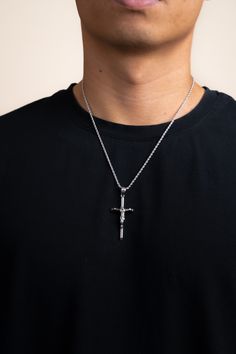 "This silver cross necklace is made from the highest quality 316L Stainless Steel. The classic cross pendant is paired with our 2 mm steel rope chain. The pendant and chain are water and sweat resistant. The premium stainless steel is durable & made for everyday wear. Stainless steel jewelry requires little or no maintenance to keep it looking new. The more you wear the chain the less it oxidizes, which makes this chain perfect for everyday wear. Water and tarnish resistant.  Stainless steel is hypoallergenic making it a great choice for someone whose skin is sensitive to metal. Also, it will not turn your skin green or any other color. Comes with a durable lobster clasp. Cross Dimensions: 28 mm x 48 mm Chain Thickness: 2 mm Length: 18\", 20\", 22\" ---------------------------------------- Silver Crucifix Cross Necklace With Box Chain, Crucifix Cross Necklace With Box Chain, Silver Cross Chain, Figaro Chain Men, Silver Cross Jewelry, Silver Cross Necklace, Compass Pendant, Gold Bond, Silver Cross Pendant