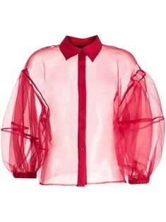 bright red organza semi-sheer construction front button fastening classic collar drop shoulder long puff sleeves straight hem Puffy Sleeve Shirt, Organza Shirt, City Dress, Puffy Sleeves, Long Puff Sleeves, Cynthia Rowley, Bright Red, Puff Sleeves, Jacket Tops