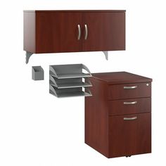 an office desk with two drawers and a file cabinet on the bottom, one door open