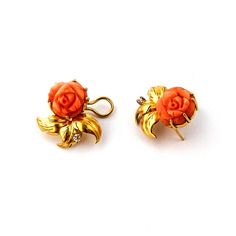 "Vintage 18 K (.750) yellow gold omega earrings, featuring leaf motifs with carved Pink Coral roses and Diamond accents. These desirable charming earrings are 1\" wide and long, weighing a total 13.7 grams. EA366" Carved Yellow Gold Earrings For Formal Occasions, Formal Carved Gold Earrings, Formal Carved Yellow Gold Earrings, Formal Gold Carved Earrings, Elegant Carved Yellow Gold Earrings, Coral Tulips Jewellery Gold, Rose Coral Jewellery, Coral Gold Earrings, Coral Rose Flower Jewelry