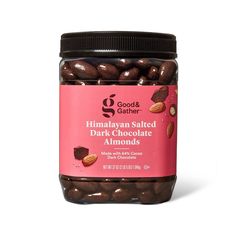 good & gather himalayan salted dark chocolate almonds in a jar on a white background