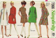 three women's dresses and one woman's coat are shown in this vintage sewing pattern