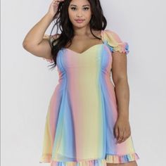 Chiffon Mini Dress Rainbow Ombre Stripes In Pastel Sweetheart Neckline Elasticated Chiffon Sleeves Princess Seams All The Way Down Dress For Shape Flares At Waist Frill In Self Fabric Along Hem Of Dress Zip At Centre Back For Fastening Fabric Content: 100% Polyester Fit Advice: Fabric Has No Stretch, Style Has Semi Loose Fit From Wastline To Hem , Hip Measurement Not Need As Skirt Is Flared Cute Rainbow Dress For Summer, Rainbow Short Sleeve Dress For Spring, Fitted Rainbow Dress For Beach, Spring Rainbow Fitted Dress, Pastel Short Sleeve Summer Dress, Pastel Mini Length Beach Dresses, Soft Rainbow Dress, Multicolor Chiffon Mini Dress For Spring, Fitted Multicolor Chiffon Dress