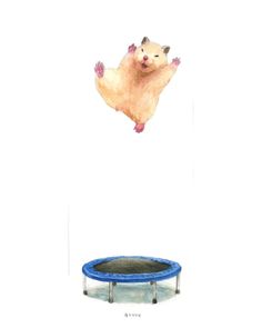 an animal jumping over a blue trampoline