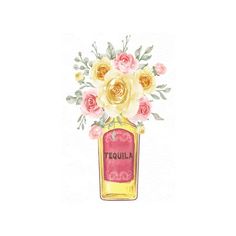 a watercolor painting of flowers in a bottle with tequila written on the front and bottom