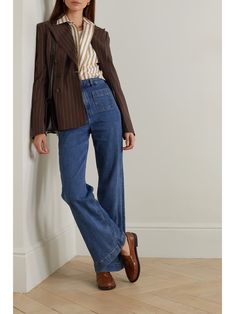 RALPH LAUREN COLLECTION Safford double-breasted pinstriped wool-twill blazer | NET-A-PORTER Brown Blazer Outfit, Ralph Lauren Fall, Classic Menswear, Work Fits, Brown Blazer, Princesa Diana, Ralph Lauren Collection, 가을 패션, Blazer Outfits