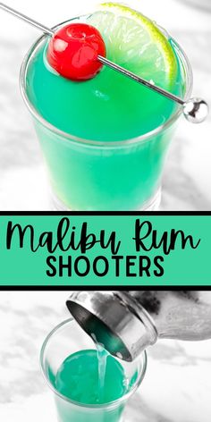 a green drink with a cherry on top and the words malbury rum shooters above it