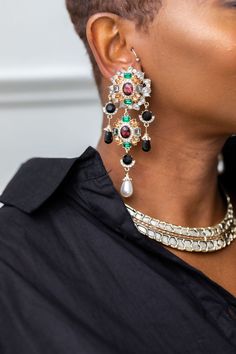 Elegant Jeweled Chandelier Earrings For Festive Occasions, Black Jeweled Earrings For Party, Black Jeweled Party Earrings, Elegant Chandelier Earrings, Elegant Jeweled Chandelier Earrings For Parties, Ornate Jeweled Party Earrings, Elegant Jeweled Chandelier Earrings For Evening, Black Elegant Chandelier Earrings For Formal Events, Ornate Black Party Jewelry