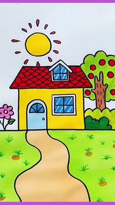 a drawing of a house in the middle of a field with trees and flowers on it