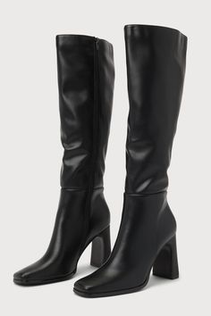 Strut into any room with effortless style with the Lulus Ceceliaa Black Square Toe Knee-High Boots! Smooth faux leather shapes these must-have boots that start with a squared-toe upper that rises to 16"" knee-high shaft with a 15"" circumference and an 18"" zipper at the instep. A sculpted block heel completes the effortlessly chic design! 3. 75" sculpted block heel. Lightly cushioned insole. Felted rubber sole has nonskid markings. Man made materials. Imported. Lulus | Ceceliaa Black Square Toe Knee-High High Heel Boots | Size 6. Leather High Shaft Boots, Tall Knee High Boots Outfit, Knee High Womens Boots, Cute Outfits With Boots, Black Leather Boots Outfit, Highheel Boots, Knew High Boots, Tall Black Boots Outfit, Mid Calf Leather Boots