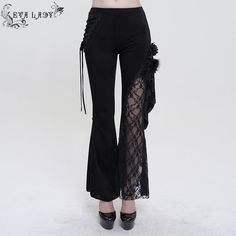 A pair of asymmetric gothic flared pants. The pants are elastic asymmetrical mesh panels. The mesh panels are embellished with lace and floral pattern. The flower is removable. Product specifications:Style: GothicMaterial: Polyester 80%, Polyamide 15%, Spandex 5% Rock Style Outfits, Gothic Pants, Unique Pants, Rock Style Clothing, Pants Gift, Black Pants Men, Rock Outfit, Trousers For Women, Style Rock