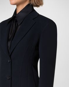 Akris "Walker" blazer jacket in a doubleface cotton finish     Singlebreasted front    Peak lapel collar     Button closure    Long sleeves    Side seam pockets     Hip length     Tailored silhouette     Cotton    Lining: Cupro    Dry clean    Made in Switzerland Office Suit, Cotton Blazer, Peak Lapel, Tailored Dress, Lapel Collar, Hip Length, Top Designers, Neiman Marcus, Blazer Jacket