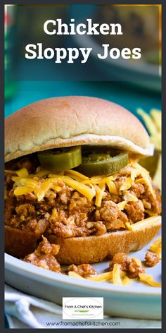 chicken sloppy joes on a plate with pickles