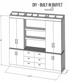 a drawing of a built in buffet cabinet with drawers and cupboards on each side