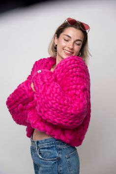 Pink Hand Knitted Outerwear For Fall, Pink Knitted Outerwear For Fall, Pink Hand Knitted Cardigan For Fall, Pink Knit Cardigan For Fall, Handmade Pink Cardigan For Fall, Handmade Pink Sweater For Winter, Pink Knitted Winter Cardigan, Pink Chunky Knit Cardigan For Fall, Pink Winter Knitted Cardigan