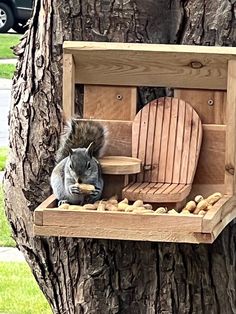 a squirrel sitting on top of a wooden bird feeder next to a tree with nuts in it