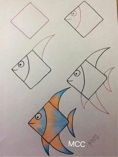 an image of some fish in the middle of different shapes and sizes, with faces drawn on paper