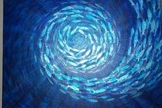 an abstract painting with blue and white swirls in the center on a black background