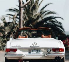 the back end of a white mercedes benz roadster parked in front of palm trees