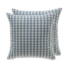 two blue and white gingham pillow covers on a white background, one has a square