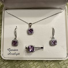 The Necklace Is 16 Inches Long. The Earrings Are Post Earrings.. The Ring Is Size 7. Or Best Offer Nickel-free Amethyst Long Drop Jewelry, Purple Multi-stone Necklace For Gift, Purple Rectangular Amethyst Necklaces, Amethyst Oval Multi-stone Necklace, Purple Multi-stone Dangle Jewelry, Purple Amethyst Ring, The Ring, Amethyst Ring, Necklace Earrings