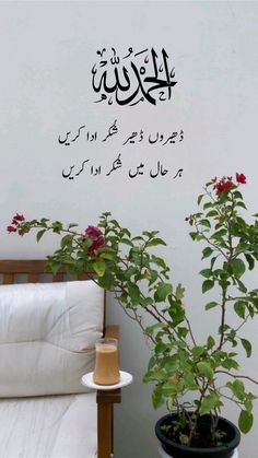 a potted plant sitting next to a wall with an arabic quote on it's side